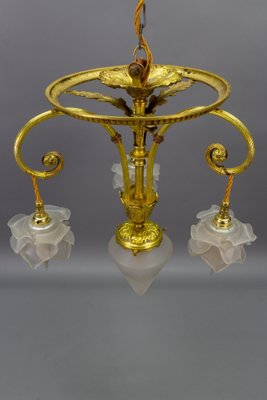 French Louis XVI Style Bronze and Frosted Glass Four-Light Pendant Chandelier, 1920s-KEG-1804926