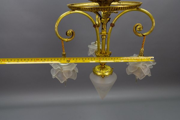 French Louis XVI Style Bronze and Frosted Glass Four-Light Pendant Chandelier, 1920s-KEG-1804926