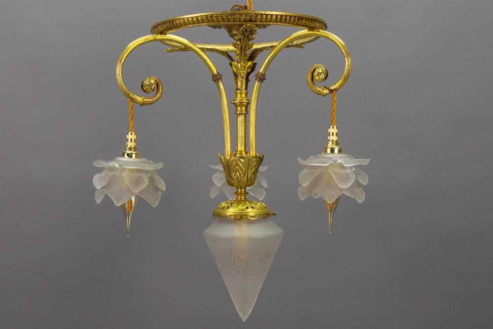 French Louis XVI Style Bronze and Frosted Glass Four-Light Pendant Chandelier, 1920s