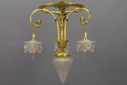 French Louis XVI Style Bronze and Frosted Glass Four-Light Pendant Chandelier, 1920s