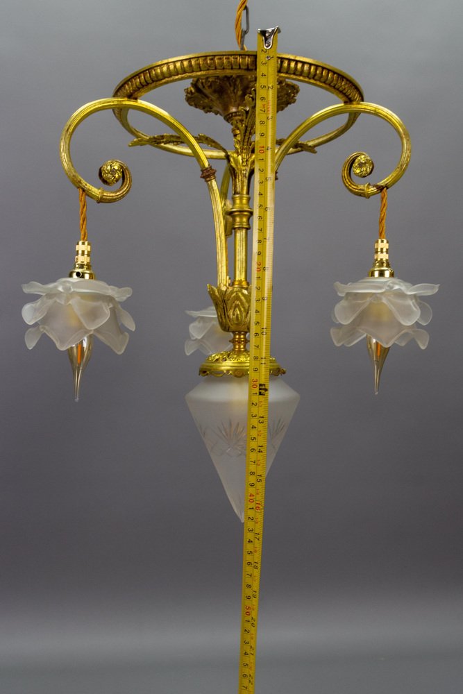 French Louis XVI Style Bronze and Frosted Glass Four-Light Pendant Chandelier, 1920s