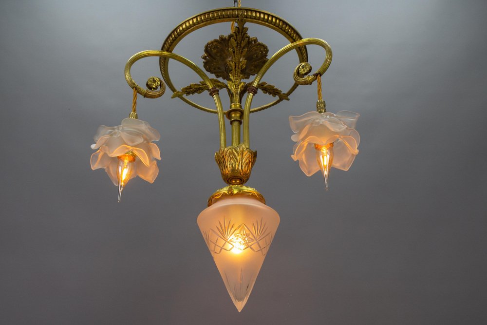 French Louis XVI Style Bronze and Frosted Glass Four-Light Pendant Chandelier, 1920s