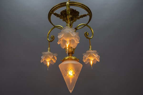 French Louis XVI Style Bronze and Frosted Glass Four-Light Pendant Chandelier, 1920s-KEG-1804926