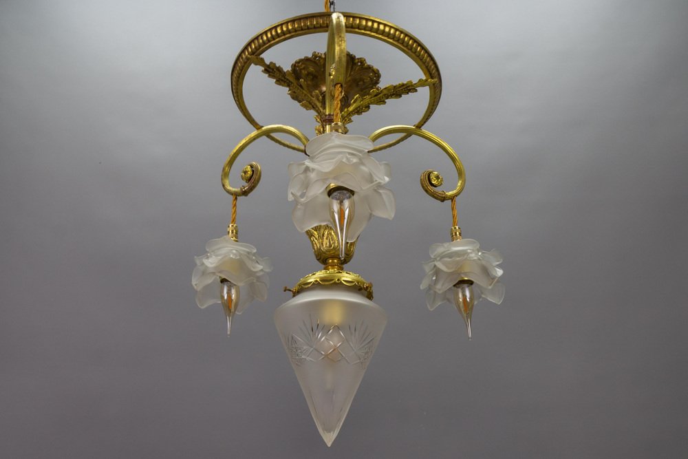 French Louis XVI Style Bronze and Frosted Glass Four-Light Pendant Chandelier, 1920s