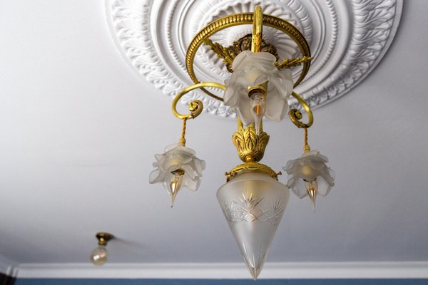 French Louis XVI Style Bronze and Frosted Glass Four-Light Pendant Chandelier, 1920s-KEG-1804926