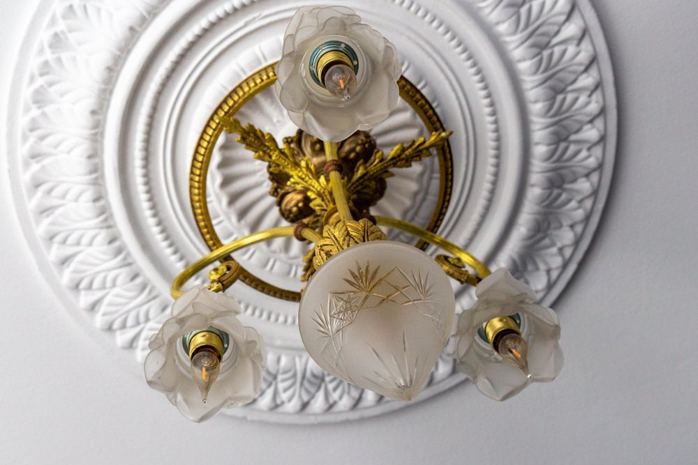 French Louis XVI Style Bronze and Frosted Glass Four-Light Pendant Chandelier, 1920s