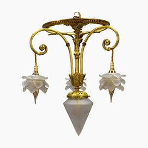 French Louis XVI Style Bronze and Frosted Glass Four-Light Pendant Chandelier, 1920s-KEG-1804926