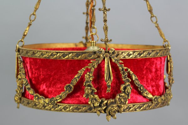 French Louis XVI Style Bronze and Red Fabric Shade Pendant Light, 1920s-KEG-1114690