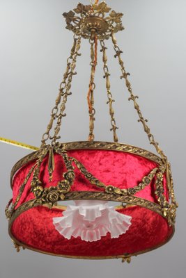 French Louis XVI Style Bronze and Red Fabric Shade Pendant Light, 1920s-KEG-1114690