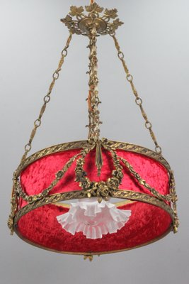 French Louis XVI Style Bronze and Red Fabric Shade Pendant Light, 1920s-KEG-1114690