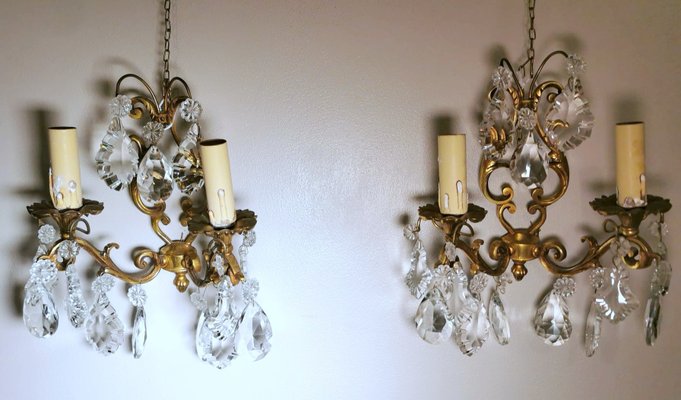 French Louis XVI Style Wall Sconces in Brass and Crystals, Set of 2-QRS-1299832