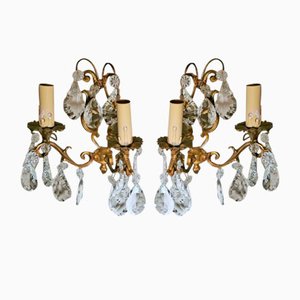 French Louis XVI Style Wall Sconces in Brass and Crystals, Set of 2-QRS-1299832