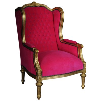 French Louis XVI Wing Chair in Pink Velvet Fabric-FLW-1401791