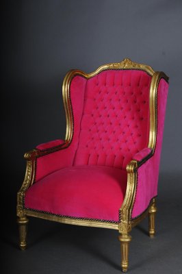 French Louis XVI Wing Chair in Pink Velvet Fabric-FLW-1401791