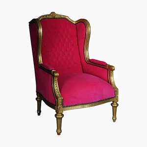 French Louis XVI Wing Chair in Pink Velvet Fabric-FLW-1401791