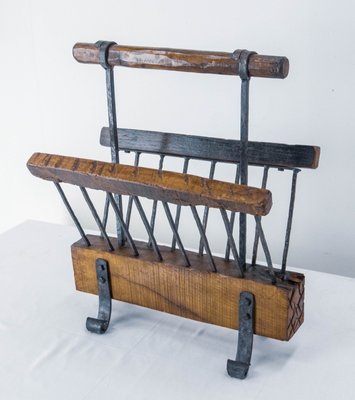 French Magazine Rack in Wrought Iron and Oak, 1960s-RIU-1141772