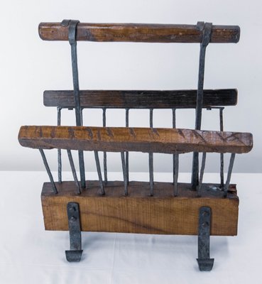 French Magazine Rack in Wrought Iron and Oak, 1960s-RIU-1141772