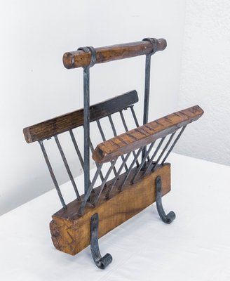 French Magazine Rack in Wrought Iron and Oak, 1960s-RIU-1141772