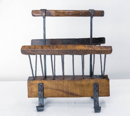 French Magazine Rack in Wrought Iron and Oak, 1960s-RIU-1141772