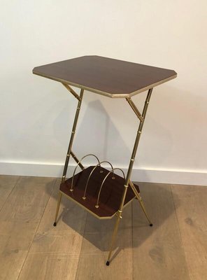 French Mahogany, Faux-Bamboo & Gilt Metal Side Table with Magazine Rack, 1970s-BA-919220