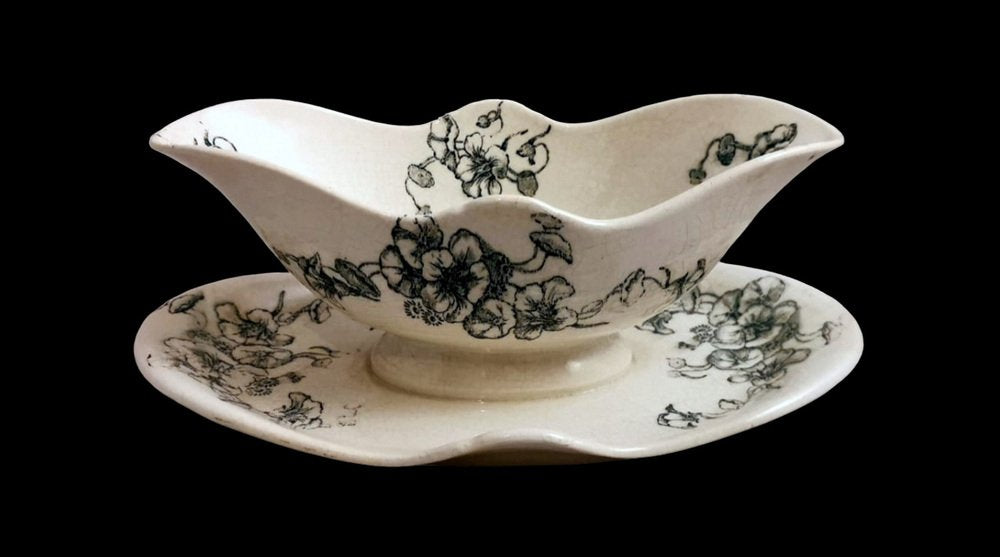 French Majolica Capucine Gravy Boat with Flower Decoration from Leon Bertrand, Bordeaux, 1950s