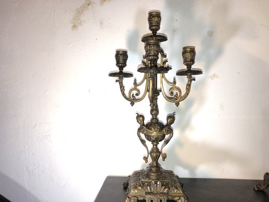 French Mantel Clock with Candlesticks in Bronze, 1880s, Set of 3-QVR-1093311