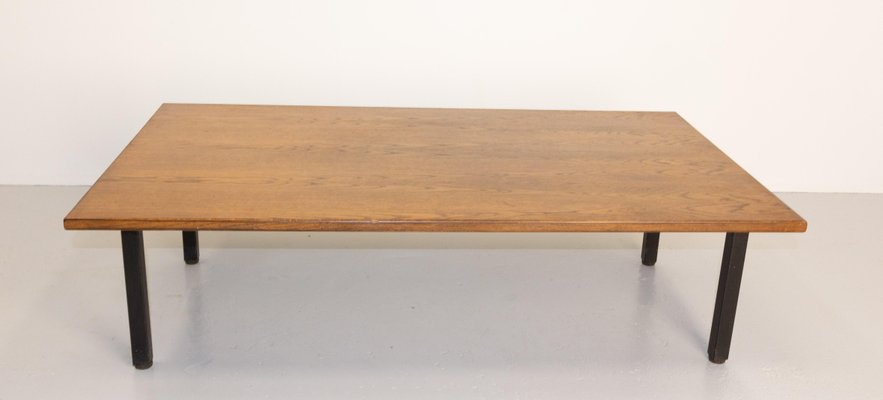 French Massive Oak and Metal Coffee Table, 1970s-RIU-1394182