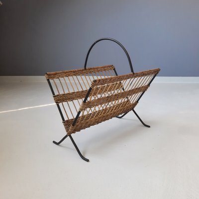 French Metal and Rattan Magazine Holder by Raoul Guys, 1950s-SJU-1140254