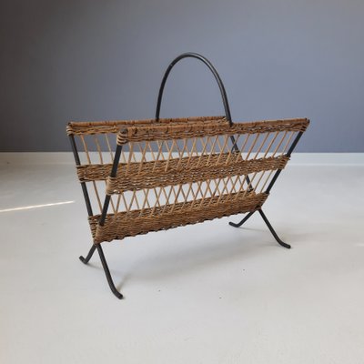 French Metal and Rattan Magazine Holder by Raoul Guys, 1950s-SJU-1140254