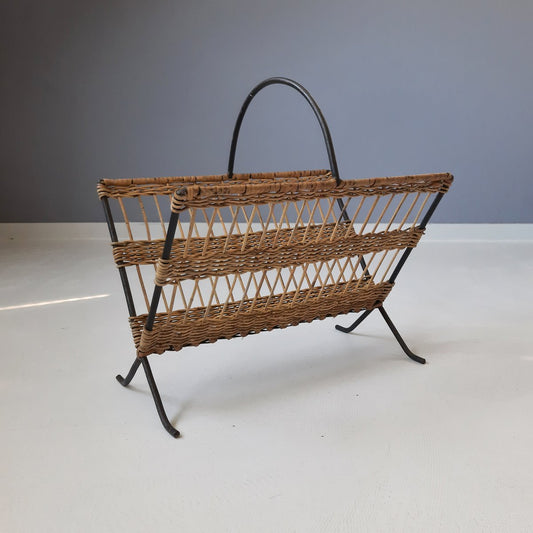 French Metal and Rattan Magazine Holder by Raoul Guys, 1950s