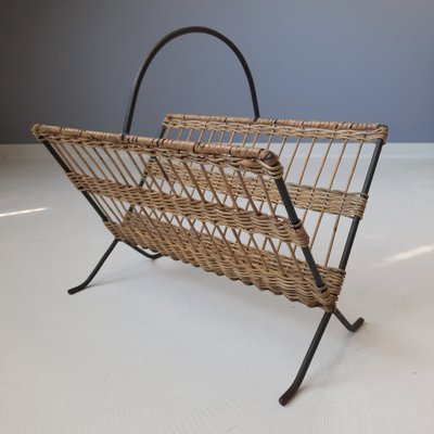 French Metal and Rattan Magazine Holder by Raoul Guys, 1950s-SJU-1140254