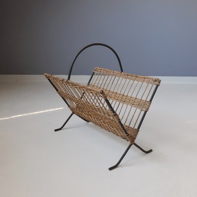 French Metal and Rattan Magazine Holder by Raoul Guys, 1950s-SJU-1140254