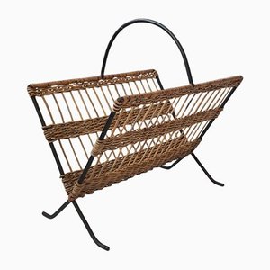 French Metal and Rattan Magazine Holder by Raoul Guys, 1950s-SJU-1140254