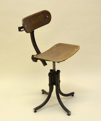 French Metal & Wood Adjustable Swivel Chair from Biensaise, 1940s-YNA-805534