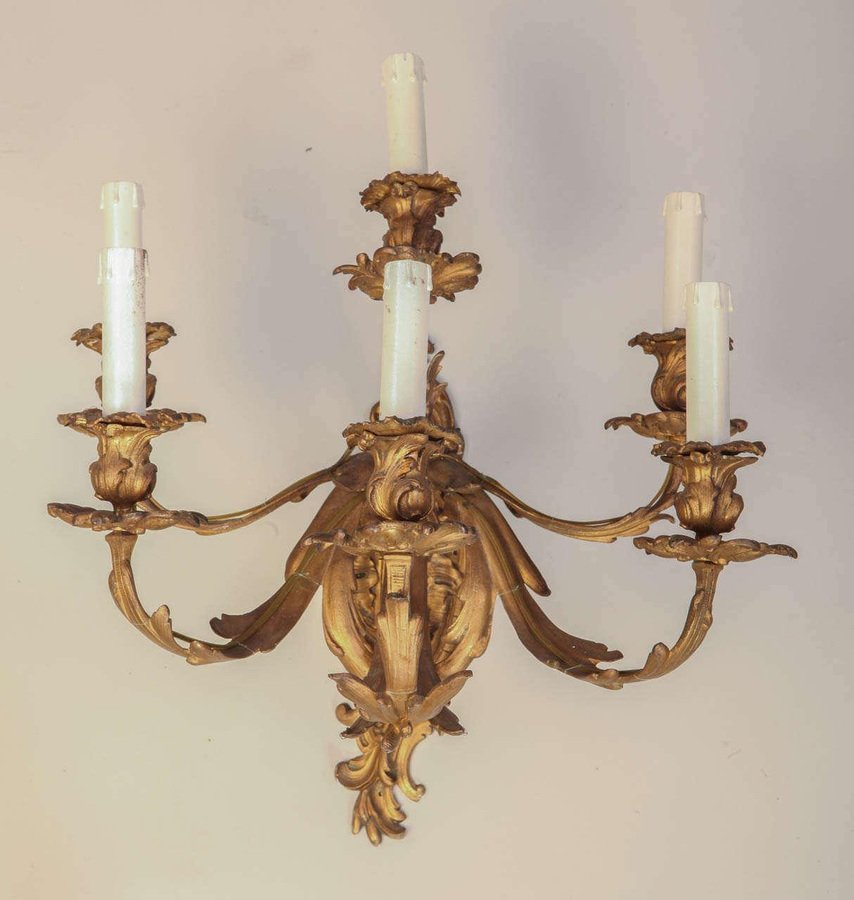 French Mid-19th Century Louis XV Style Ormolu Six-Arm Sconces, Set of 2