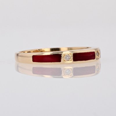 French Modern 18 Karat Yellow Gold Ring with Diamond and Red Enamel-OLU-1706942