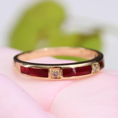 French Modern 18 Karat Yellow Gold Ring with Diamond and Red Enamel-OLU-1706942