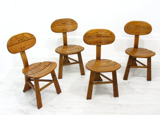 French Modern 3-Legged Chairs & Table in Solid Oak, 1970s, Set of 5-WVA-716662