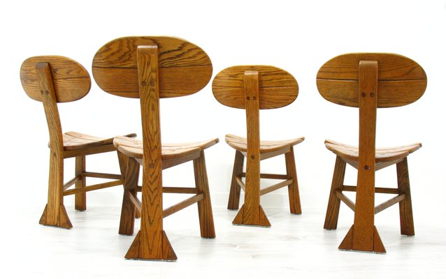 French Modern 3-Legged Chairs & Table in Solid Oak, 1970s, Set of 5-WVA-716662