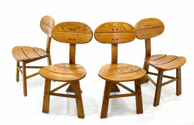 French Modern 3-Legged Chairs & Table in Solid Oak, 1970s, Set of 5-WVA-716662