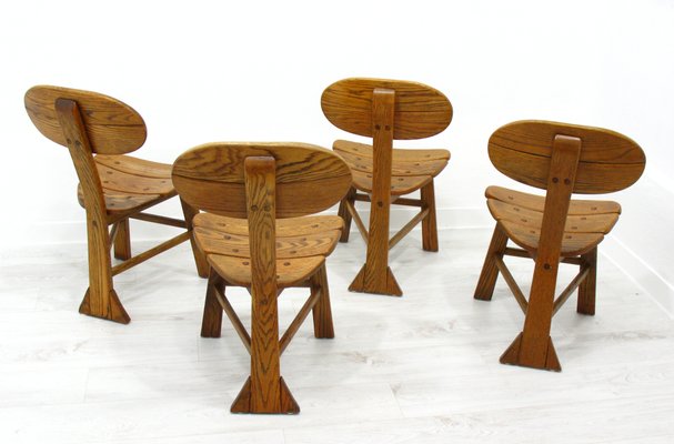 French Modern 3-Legged Chairs & Table in Solid Oak, 1970s, Set of 5-WVA-716662