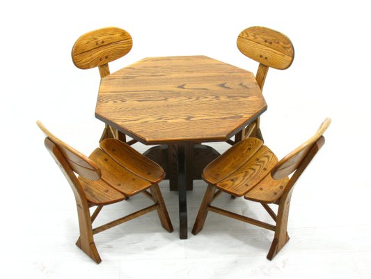 French Modern 3-Legged Chairs & Table in Solid Oak, 1970s, Set of 5-WVA-716662