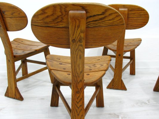 French Modern 3-Legged Chairs & Table in Solid Oak, 1970s, Set of 5-WVA-716662