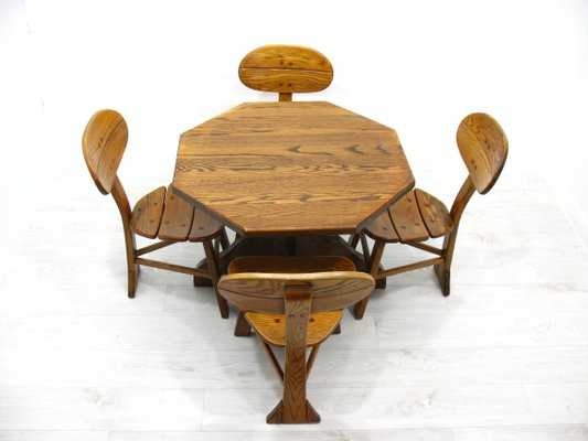 French Modern 3-Legged Chairs & Table in Solid Oak, 1970s, Set of 5-WVA-716662