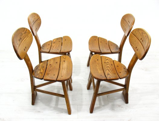 French Modern 3-Legged Chairs & Table in Solid Oak, 1970s, Set of 5-WVA-716662