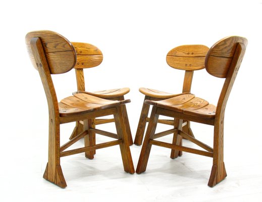 French Modern 3-Legged Chairs & Table in Solid Oak, 1970s, Set of 5-WVA-716662