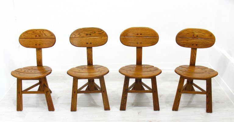 French Modern 3-Legged Chairs & Table in Solid Oak, 1970s, Set of 5-WVA-716662