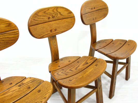 French Modern 3-Legged Chairs & Table in Solid Oak, 1970s, Set of 5-WVA-716662