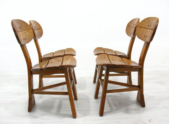 French Modern 3-Legged Chairs & Table in Solid Oak, 1970s, Set of 5-WVA-716662