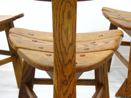 French Modern 3-Legged Chairs & Table in Solid Oak, 1970s, Set of 5-WVA-716662